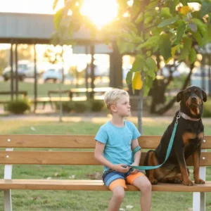 Bambino e cane su panchina Bosco