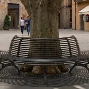 Panchina curva convessa sotto albero in piazza cittadina